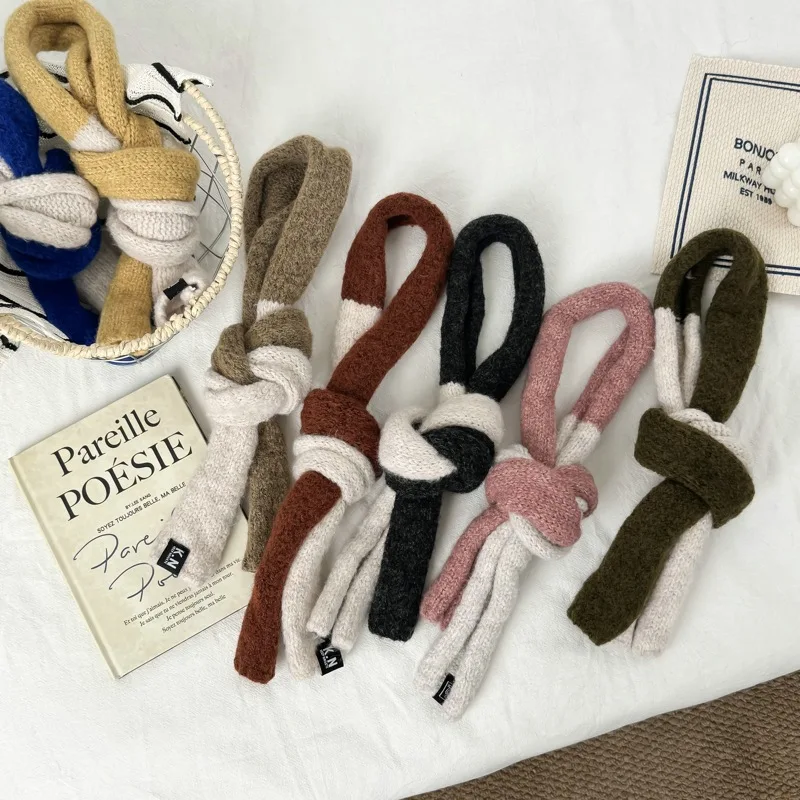 Korean Style Artistic Long Thin Narrow Plush Knitted Scarf Women's Warm High-Grade Versatile Decorative Color Matching Scarf
