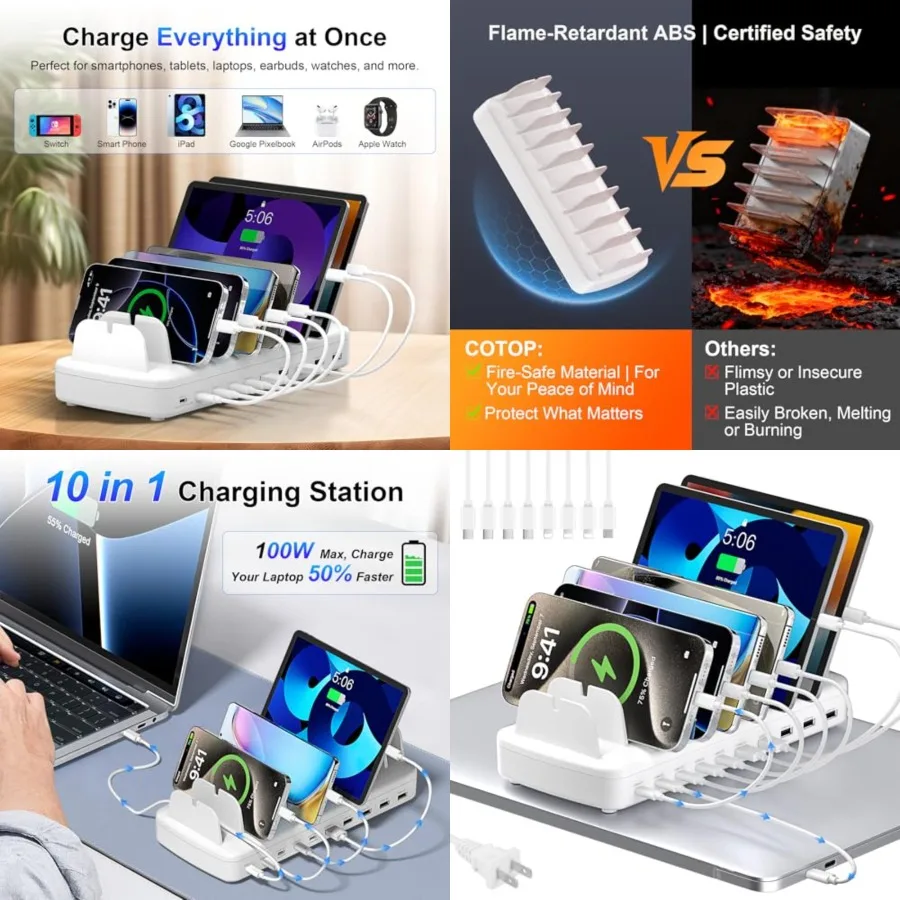 

510W Fast Charging Station for Multiple Devices, 10 Port USB C Charger Station with Flame-Retardant Material and 8 Cables for i