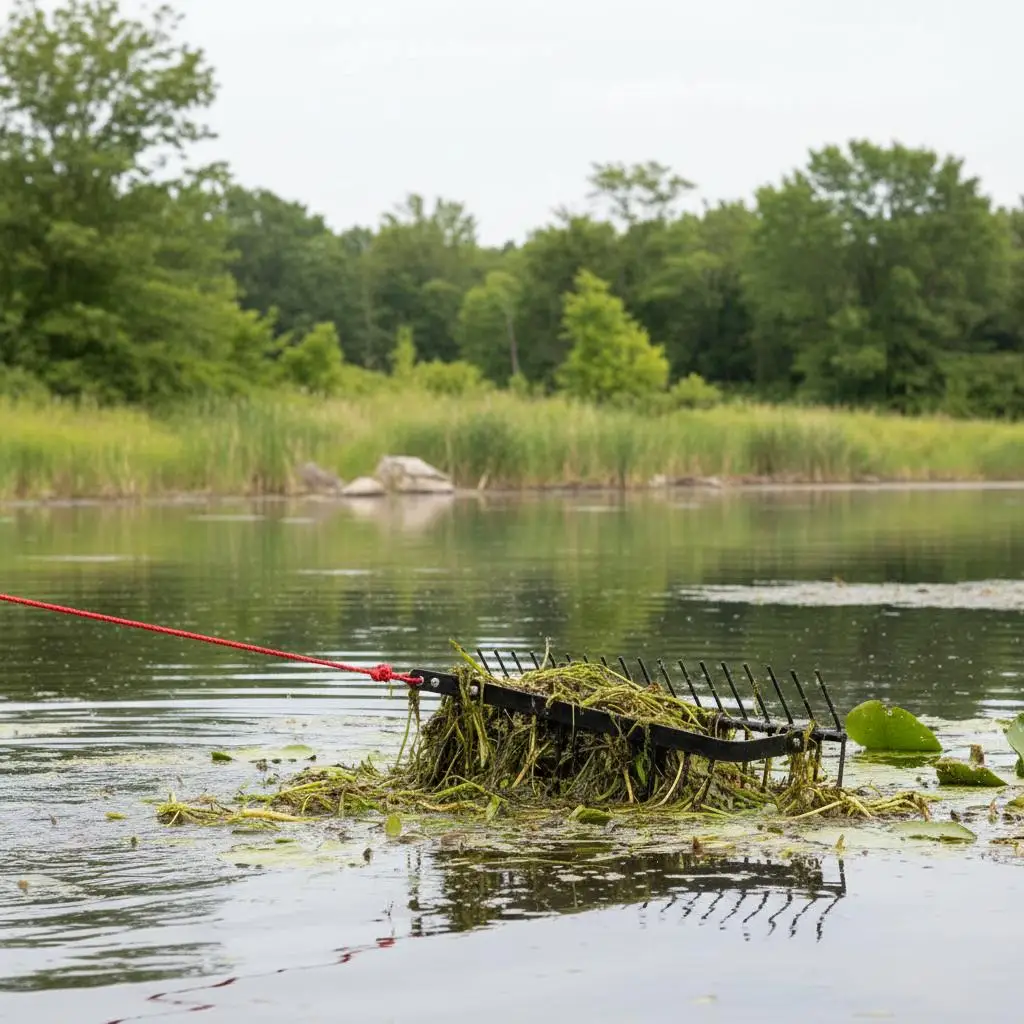 

Инструмент для удаления водных сорняков 32x6.3 дюйма для прудов, озер, ручьев, с двусторонними зубьями, 30-футовый трос, алюминиевая рама, предварительно собранный дизайн, профессиональная модель