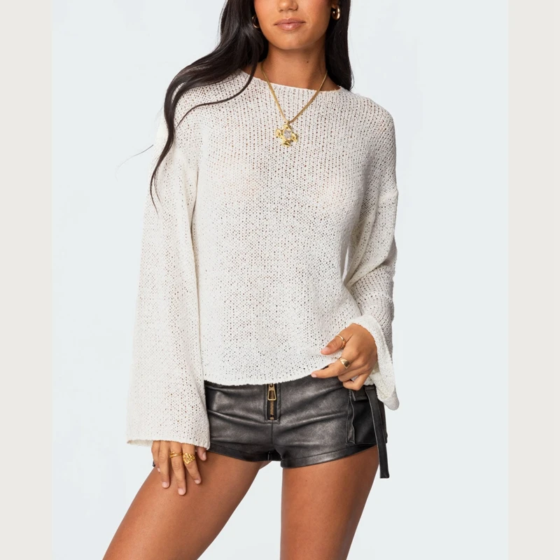 

Women Y2K Knitted Sweater Fall Drop Shoulder Boat Neck Jumpers Casual Loose Fit Oversized Sheer Knit Sweater Pullover Knitwear