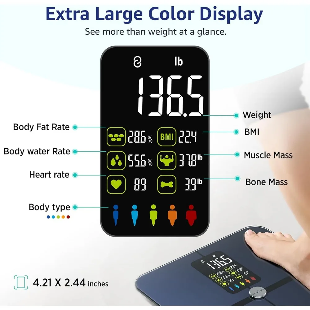 대형 디스플레이, 체지방 및 심박수 측정 기능을 갖춘 무선 디지털 욕실 체중계