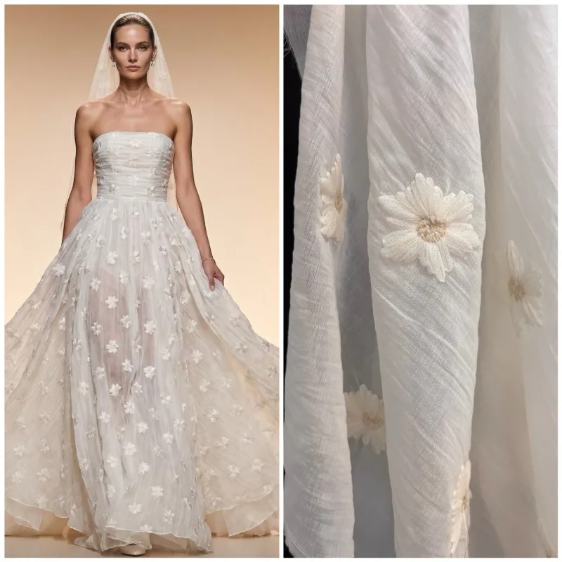 

Micro Pleated Embroidered Daisy Chiffon Fabric Handmade DIY Wedding Dress High End Designer Dress Summer Clothing Fabric