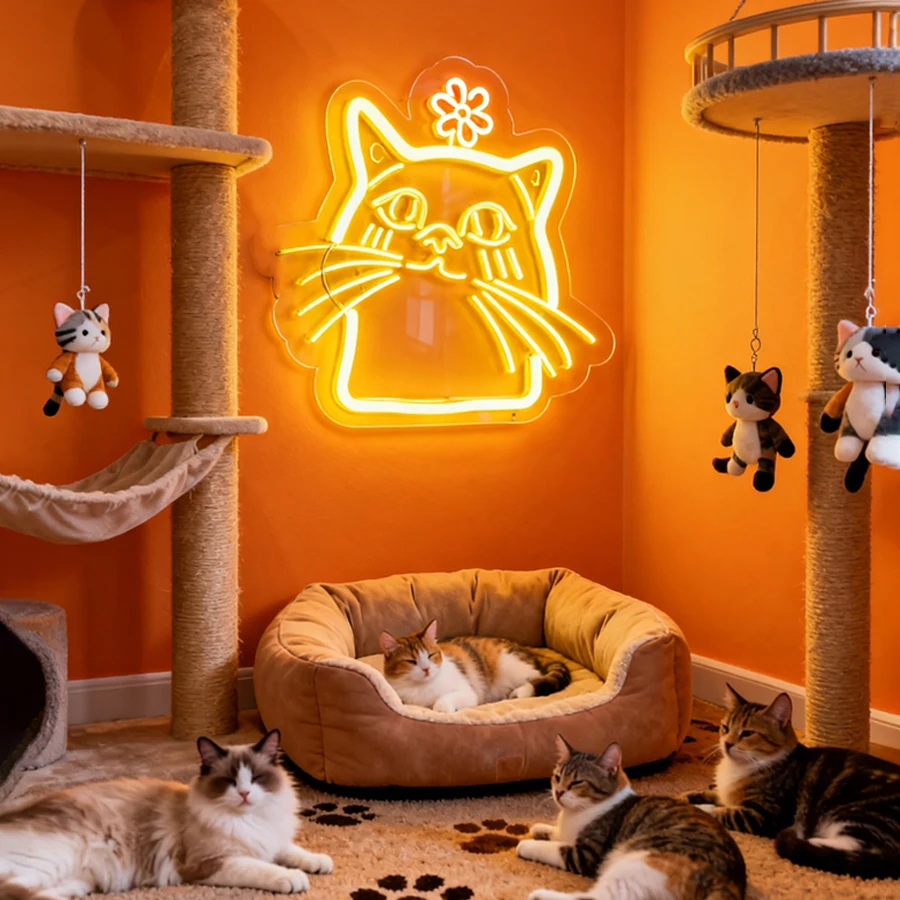 لافتة نيون LED على شكل قطة صفراء، أيقونة حيوانات منحوتة ثلاثية الأبعاد، تستخدم لغرفة النوم، ومتجر الحيوانات الأليفة، والبار، وديكور الحفلات، وهدايا عيد الميلاد للرجال والفتيات