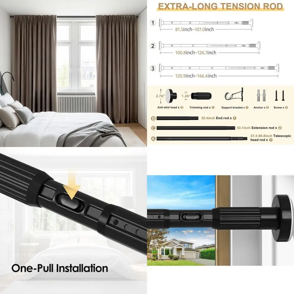 

Adjustable Heavy-Duty Outdoor Curtain Rod, 41-146 Inches, No Drilling Needed, Suitable for Windows, Bathrooms, and Patios