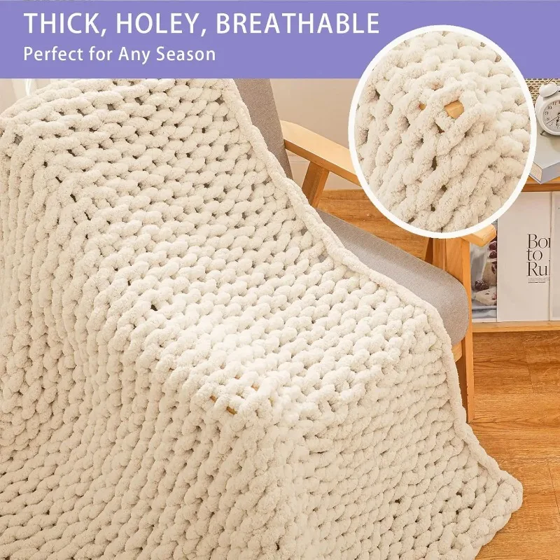 

100% Hand Knitted Chunky Knit Throw Blanket for Couch, 40x60 inches,