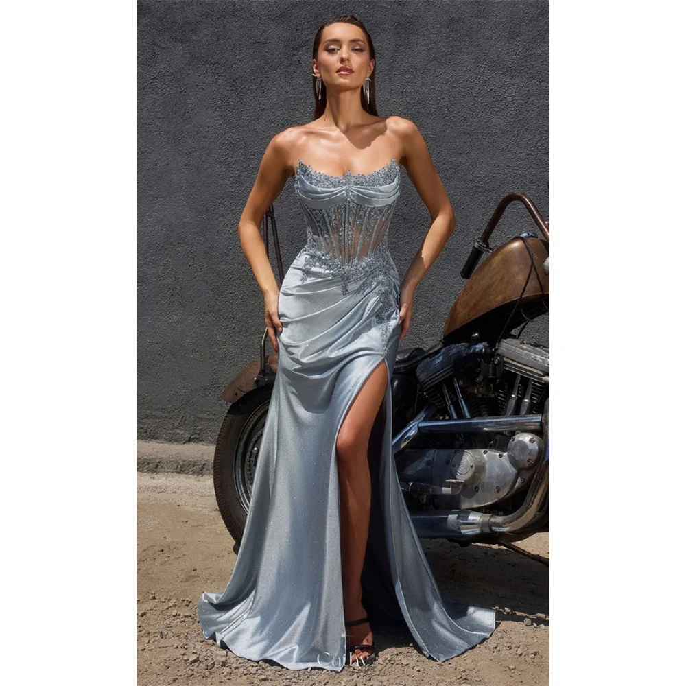 

Cathy Customize Strapless Lace Appliques Side Slit Prom Dress Pleated Zip Back vestidos de noiva Floor-length Evening Dresses