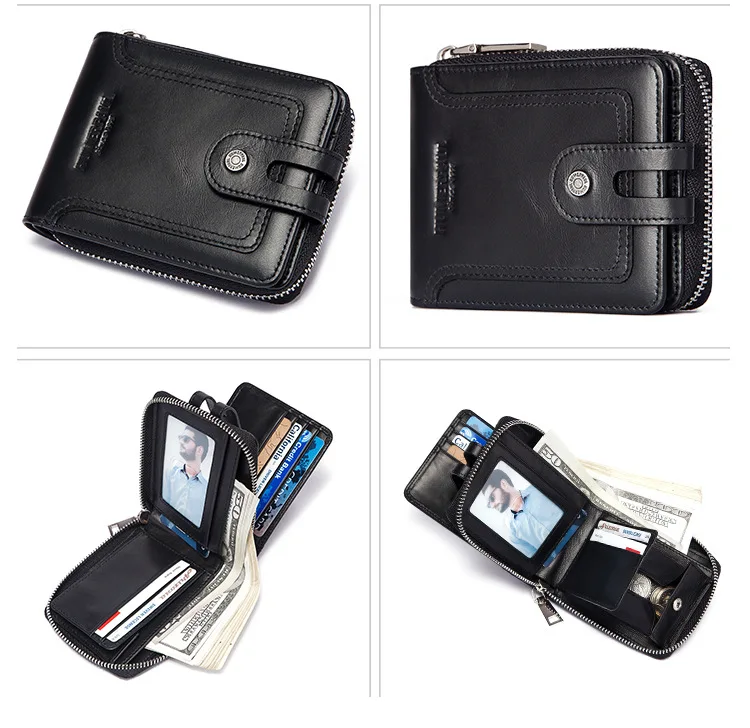 فرشاة مضادة للسرقة للرجال من الجلد الطبيعي بإبزيم وسحاب ومحفظة قصيرة للعملات المعدنية ومحفظة رجالية متعددة الأغراض من الجلد القديم