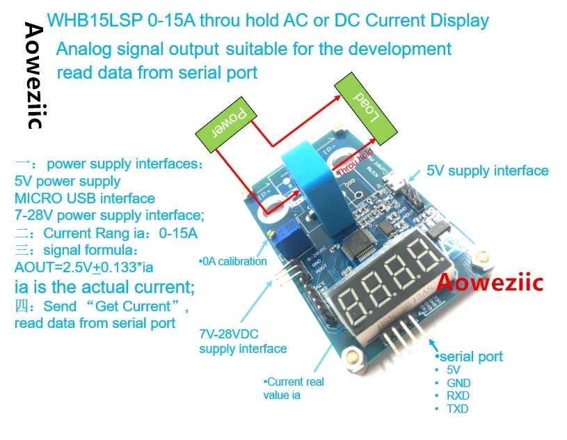 1PCS WHB15LSP 0-15A AC DC throu hole current display meter read data from Serial port with USB TO TTL