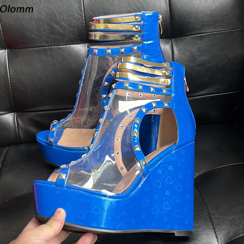 Olomm 2025 Handmade Women Platform Sandals Studded Wedges Heels Peep Toe Beautiful Blue Heart Night Club Shoes US Plus Size 5-20