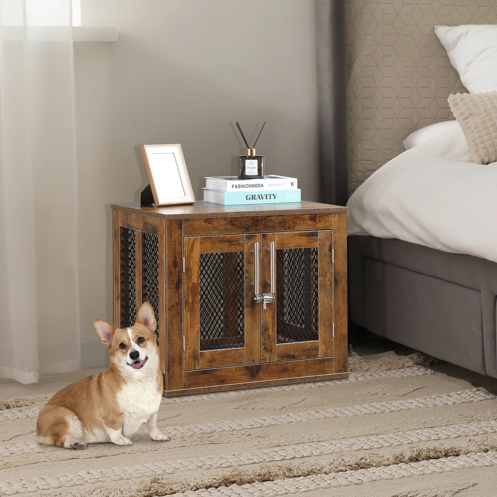 

Furniture puppy box, beautiful indoor puppy kennel, pet house, dog cage, beautiful and cute fancy bedside table, brown