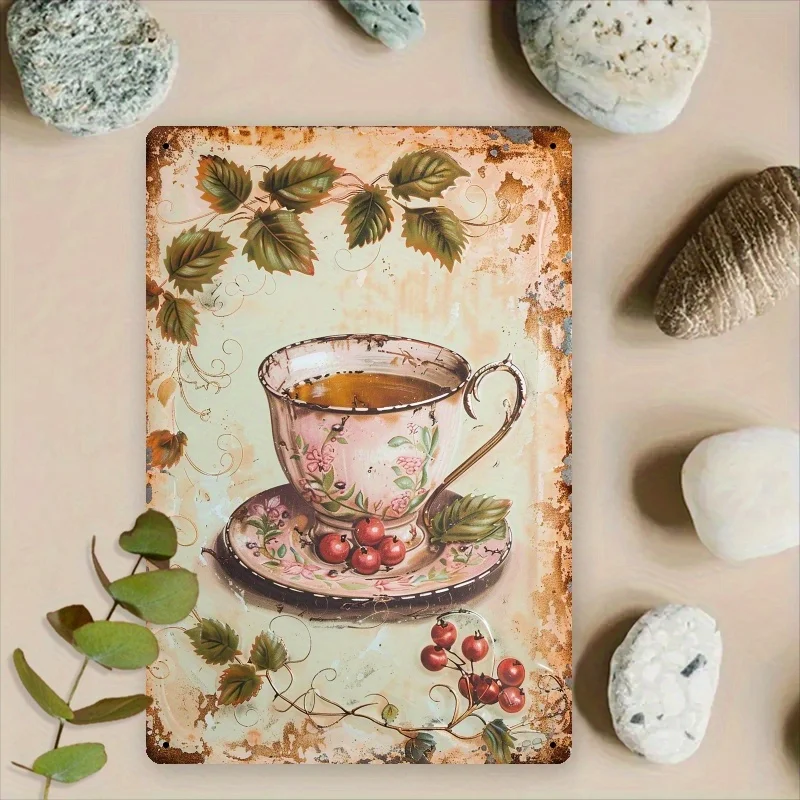 لوحة فنية جدارية معدنية لشاي التوت العتيق، 20.32 × 30.48 سم - ديكور حديد ريفي مع كوب زهور وتصميم التوت، مثالية للمطابخ، P