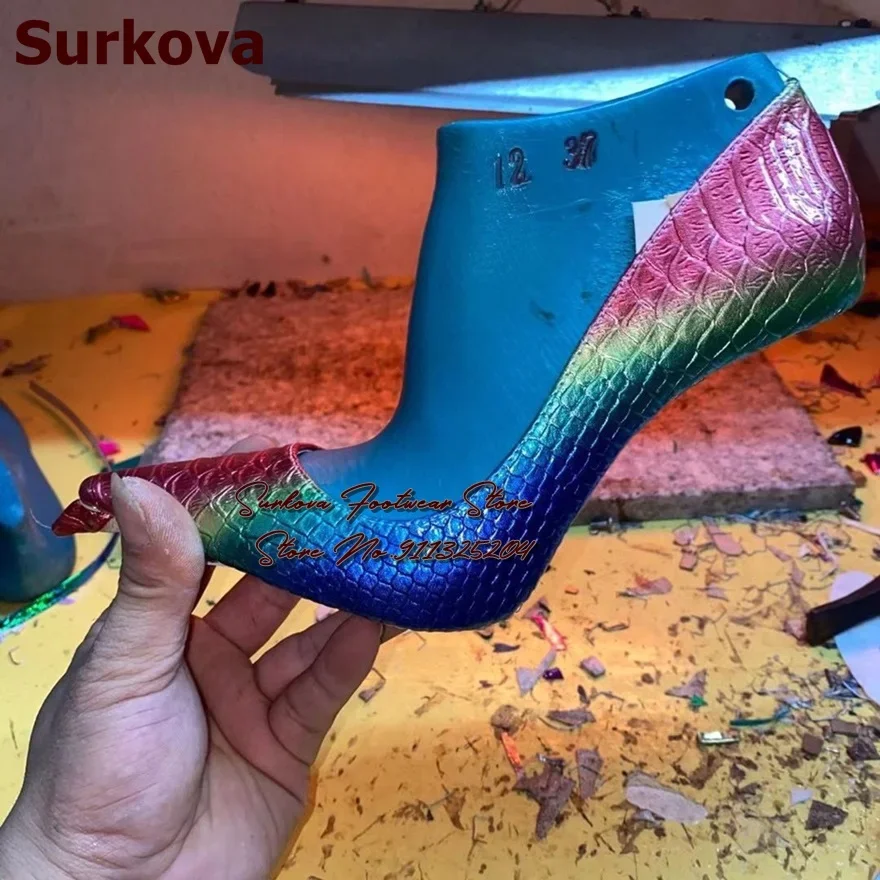 Surkova Sexy Gradient Color Snakeskin High Heel Shoes Red Green Blue Color Patchwork Python 12cm Dress Pumps Size45 Dropship