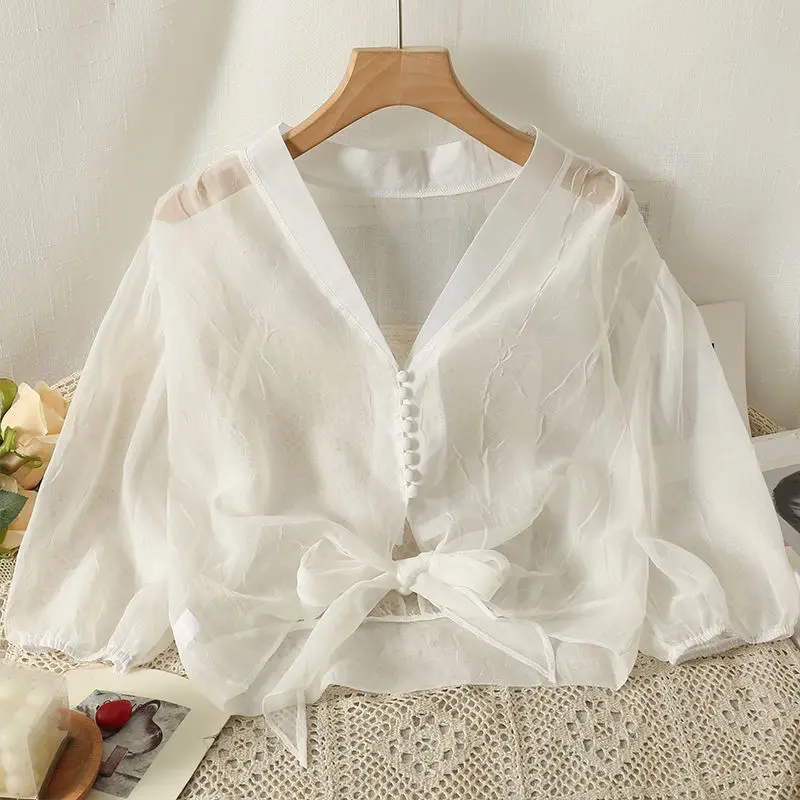 

Fashion Design Niche Puff Sleeve Shirt Women French Thin Lace-up Sunscreen Chiffon Top