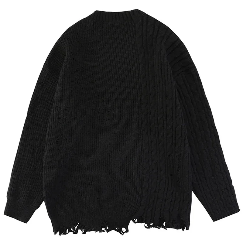 Hip Hop Oversized Sweater Black Beige Loose Knit Jumper Streetwear Harajuku Ripped Sweaters