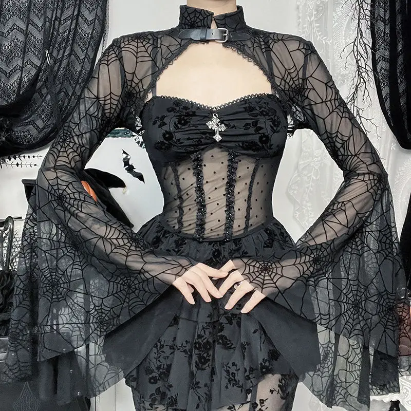 Vintage Spider Web Smock Shirts Spring Autumn Dark Gothic Flare Long Sleeve Female Clothing Stand Collar Halloween Short Blouse