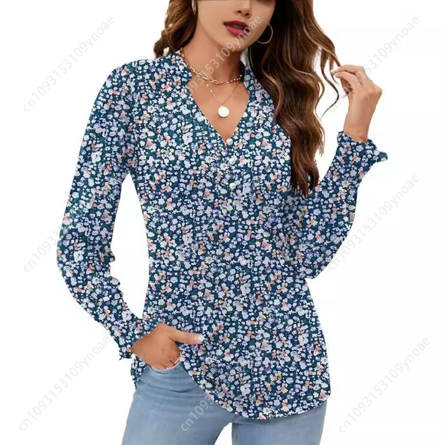 Plant Floral Print V Neck Tops Ruffled Long Sleeve Cuffs Ladies Shirt Puff Sleeve Button Top Casual T Shirts Cotton Fashion