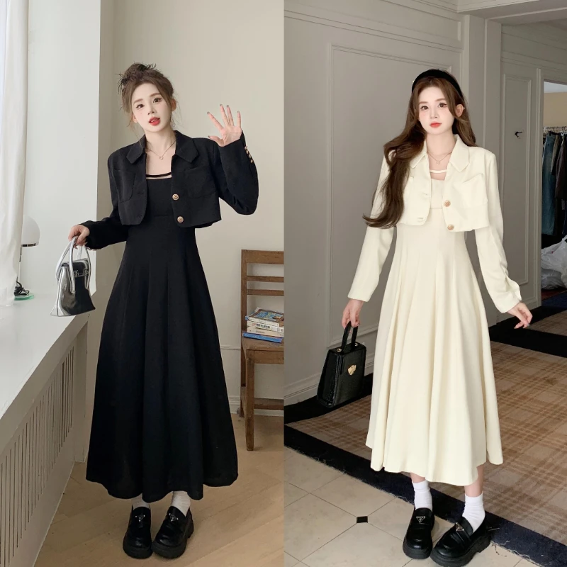 Women\'s Small Fragrant Style Short Woolen Blazer Suspender Skirt Set French Solid Color Woolen Coat A-line Dress Two-piece Set