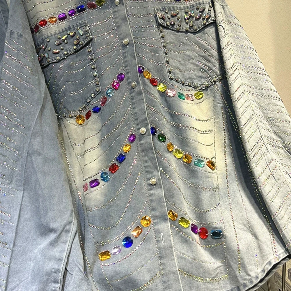 Conjunto de dos piezas de camisa vaquera de manga larga holgada con diamantes de color diamante caliente de diseño pesado + pantalones vaqueros-GZTZ039