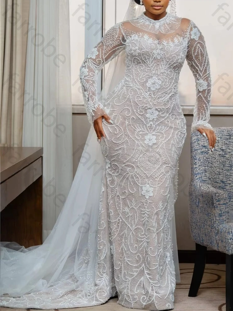 

Customized O-Line Long Sleeves Wedding Dresses Elegant Celebrity Bridal Dress Exquisite High Quality Prom Party Gowns for Women