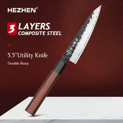 HEZHEN 5.5 Inches Utility Knife 3 Layers Composite Steel High quality Red wood handle Kitchen Accessories