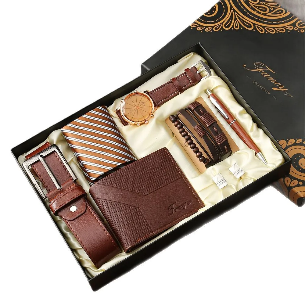 New Men Gift Set with Box Watch Bracelet Tie Cufflinks Ballpoint Pen Belt and Wallet Set for Men Boyfriend Son Dad Husband Gifts