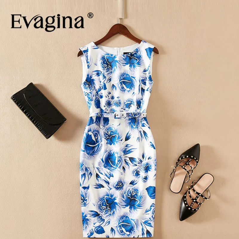 

Evagina Fashion design Spring Summer Women's Sleeveless Printing Lace-UP Slim-Fit Hip Wrap S-XXL Mini Pencil Dresses