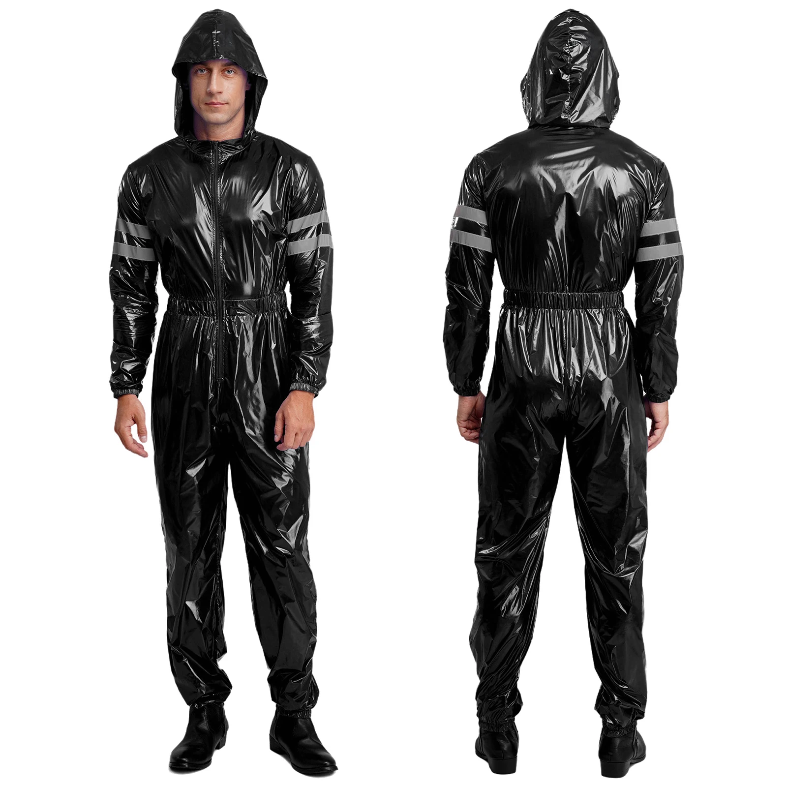 زي رجالي مقاوم للماء، شرائط عاكسة عالية الوضوح، مآزر بأكمام طويلة، خصر مرن، سحاب أمامي، بذلة بقلنسوة