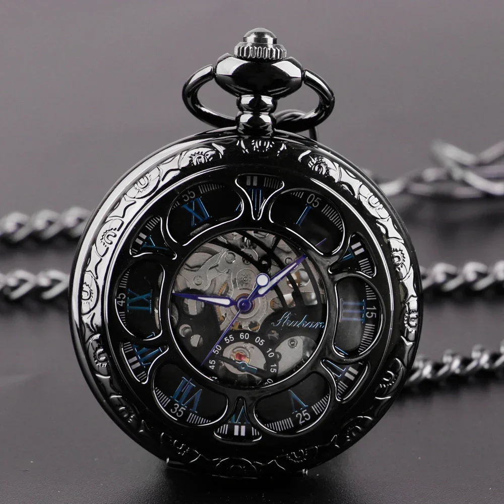 Vintage Black Semicircle Mechanical Hand Wind Pocket Watch Chain Luxury Steampunk Women Men Watches Fob Male Clock Gifts