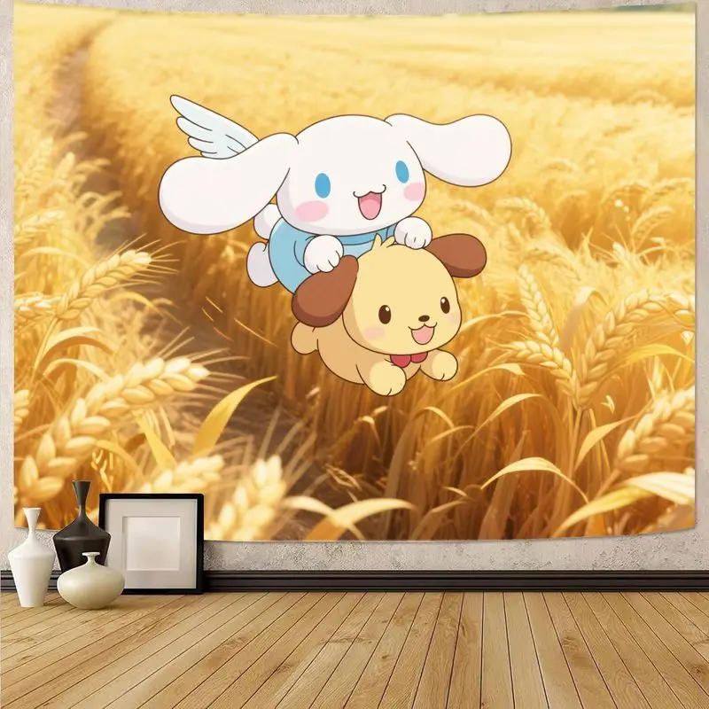 

1PC Sanrio Cinnamoroll & Dog Kawaii Tapestry Golden Wheat Field Wall Art Polyester Home Decor for Bedroom Living Room Gift for F