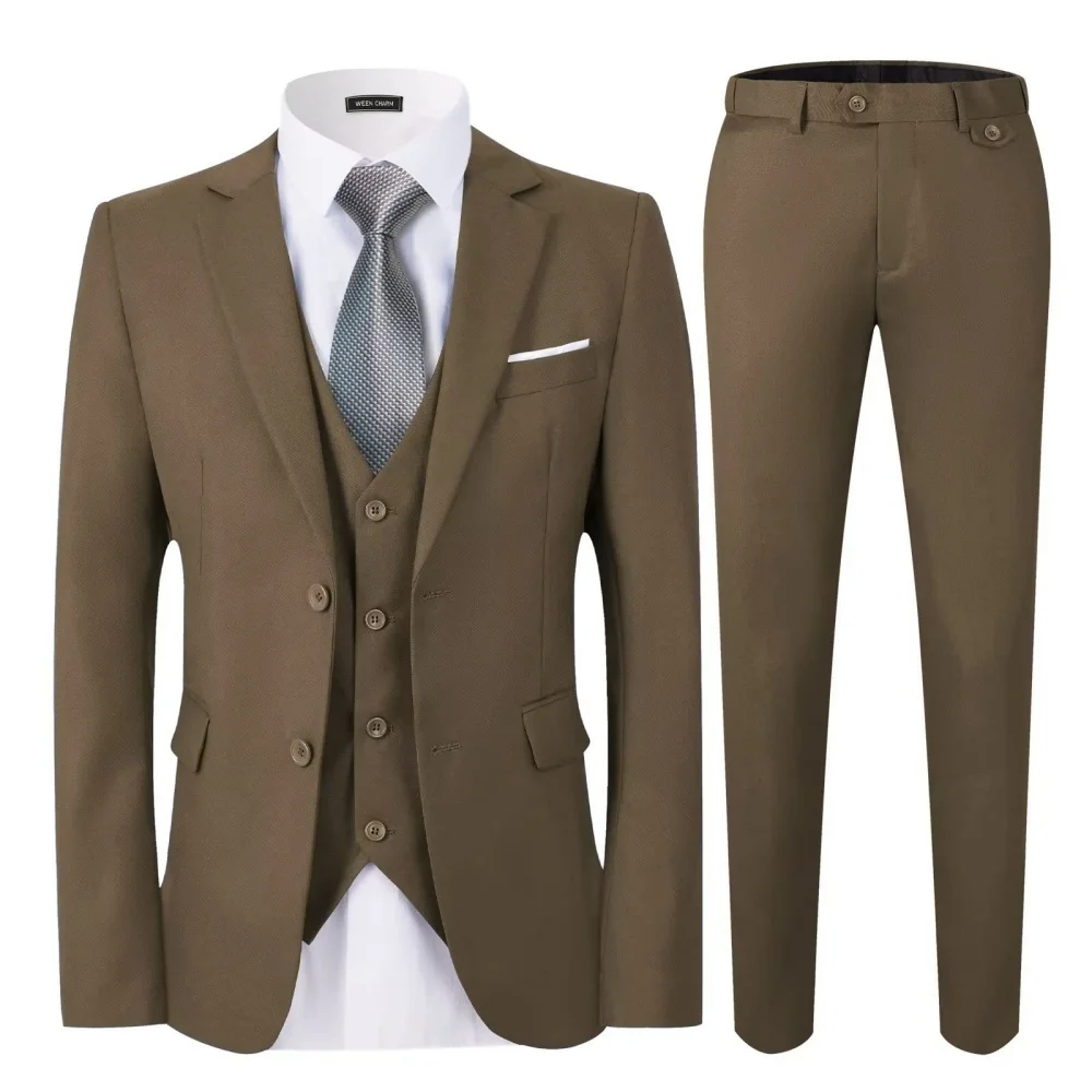 

Elegant Solid Single-Button Slim Fit 3-Piece Men's Terno Blazer Vest Pants Ensemble for Formal Occasions