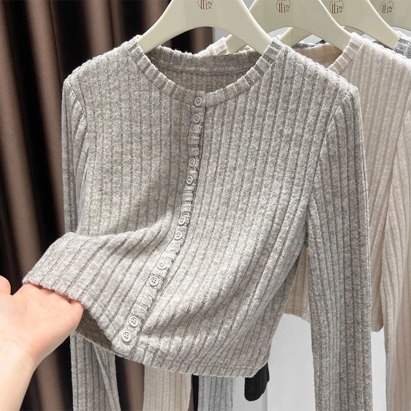 

KnitFemm Autumn Women's Brushed Knit Cardigan Gray - Textured Ribbed Casual Open Front Coat Lightweight Lounge Shacket for Women