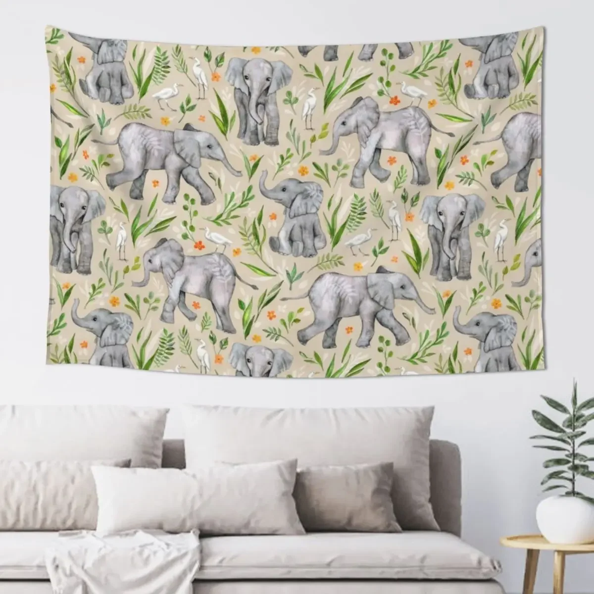 Baby Elephants and Egrets in Watercolor - neutral cream Tapestry Decoration Room Room Aesthetic Decor Tapestry