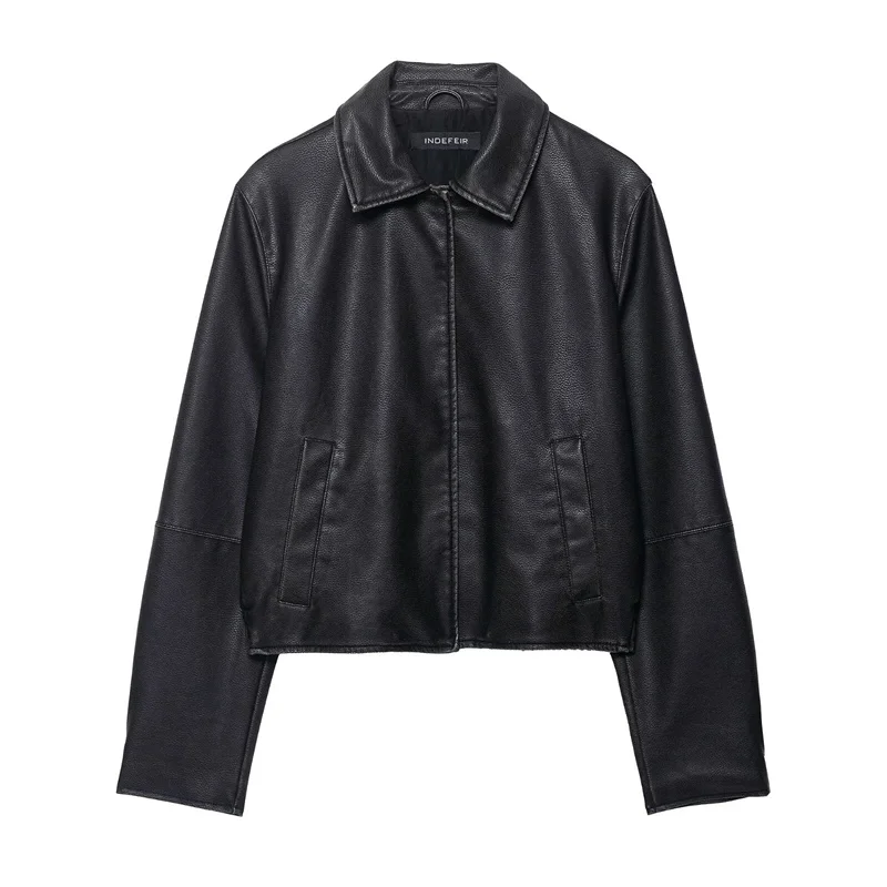 

Женская куртка, осень 2024, новый стиль, черная простая куртка из искусственной кожи с длинными рукавами, повседневная модная универсальная куртка