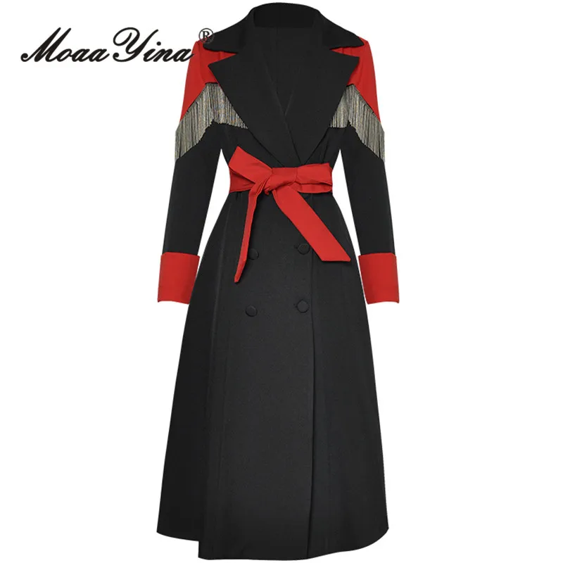 

MoaaYina Autumn Fashion Designer Vintage Hit Color Trench Coat Women Lapel Beading Frenulum Gathered Waist Slim Long Trench Coat