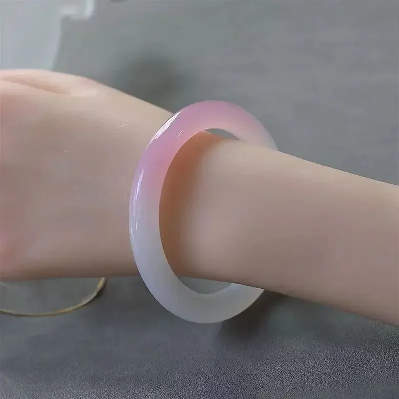 

Ice Cherry Blossom Pink Agate Bracelet with Tulip Half White and Half Pink Gradient Color Chalcedony Plump Round Bangle