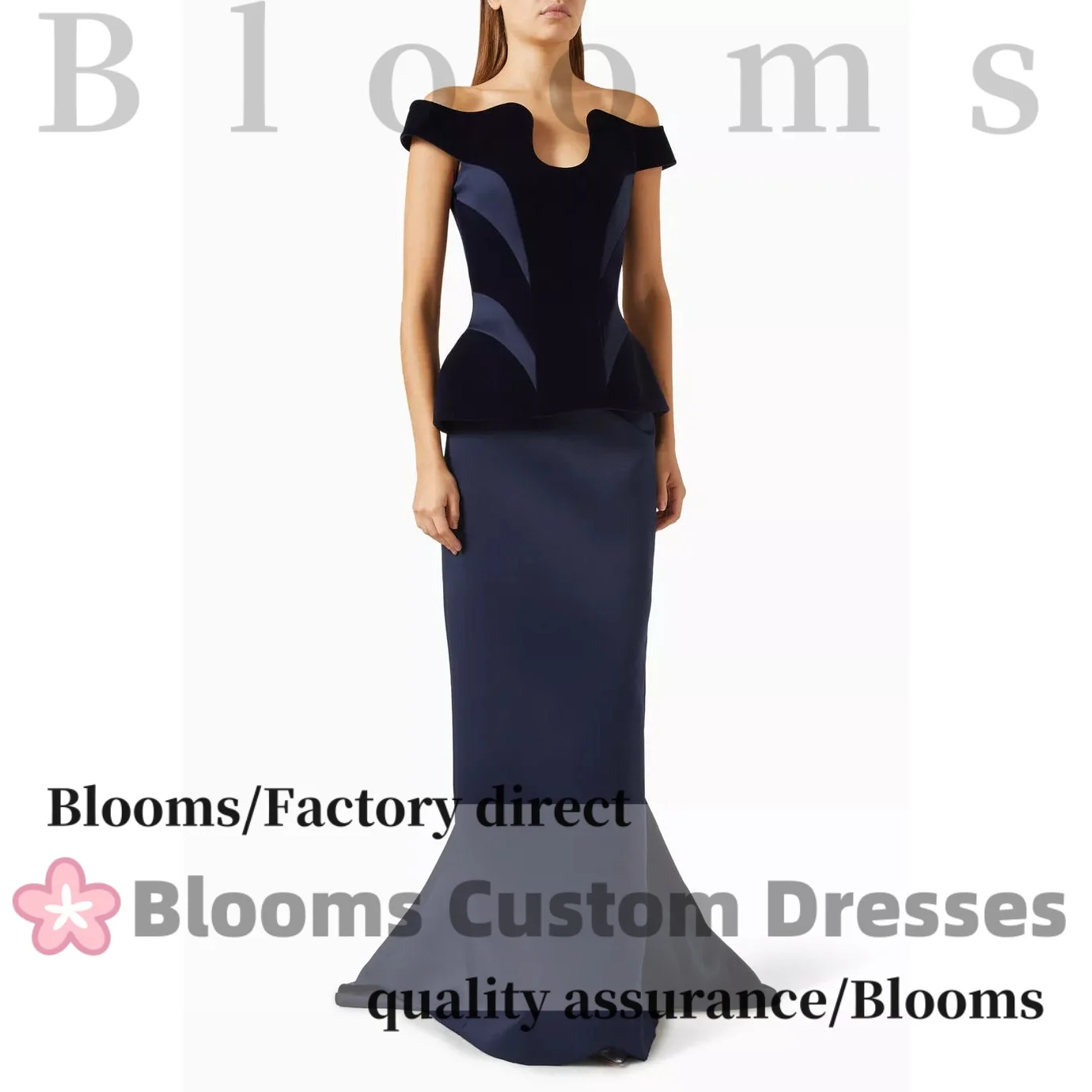 

Customized Off Shoulder Navy Patched Velvet Satin Evening Dresses for Wedding Mermaid Formal Party Gown Plus Size