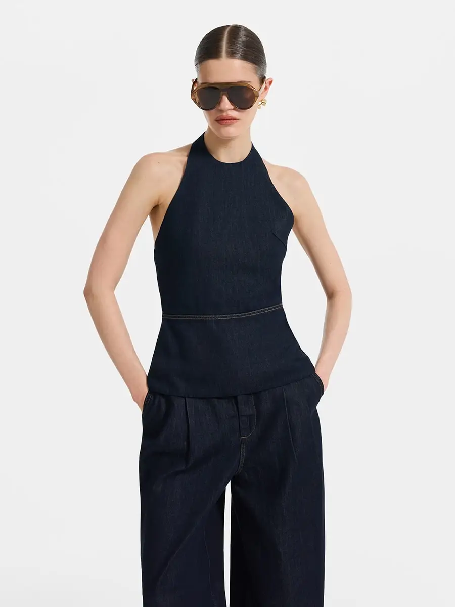 

2026 New Women's Denim Halter Neck Top, Sleeveless Fitted Peplum Hem Blouse with Contrast Stitching Detail