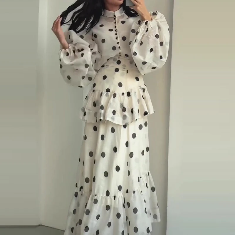 Robe longue de plage pour femmes, imprimé à pois, col rond, manches lanternes, tenue décontractée, élégante, bord à volants, Design, printemps été