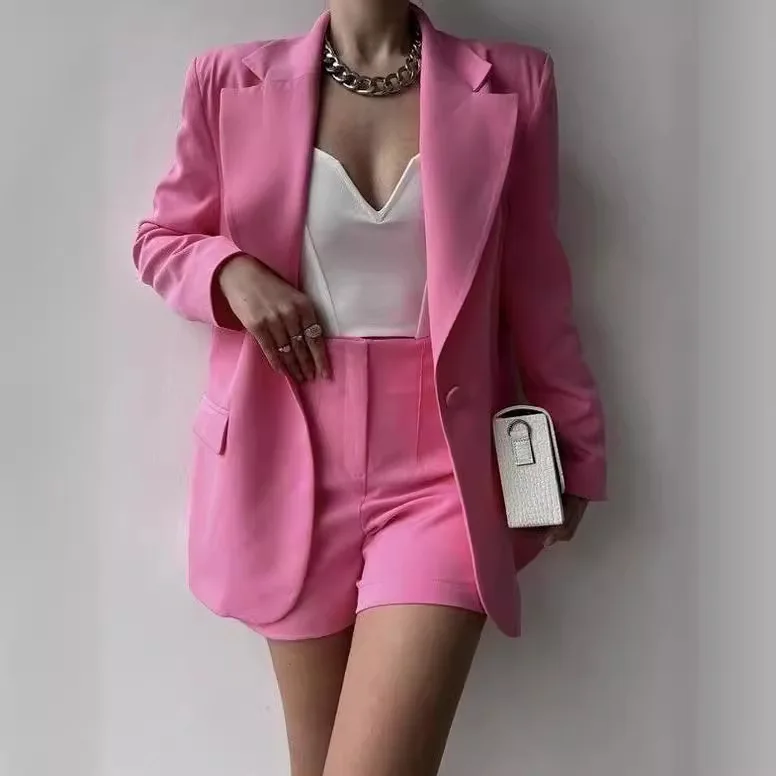 Office Lady Set Solid One Button Lapel Long Sleeved Suit Jacket Zipper Shorts Two Piece Spring Summer Fashion Commuting Suit