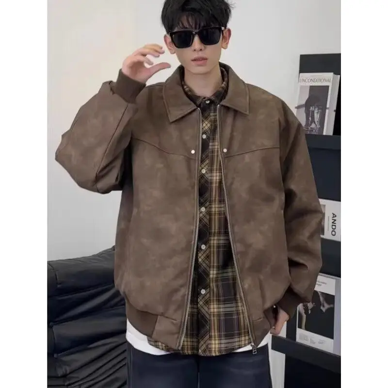 

Retro American Brown Collar Leather Jaet Men's Women's High Street Trendy Loose Motorcycle Outerwear Zipper Decorated
