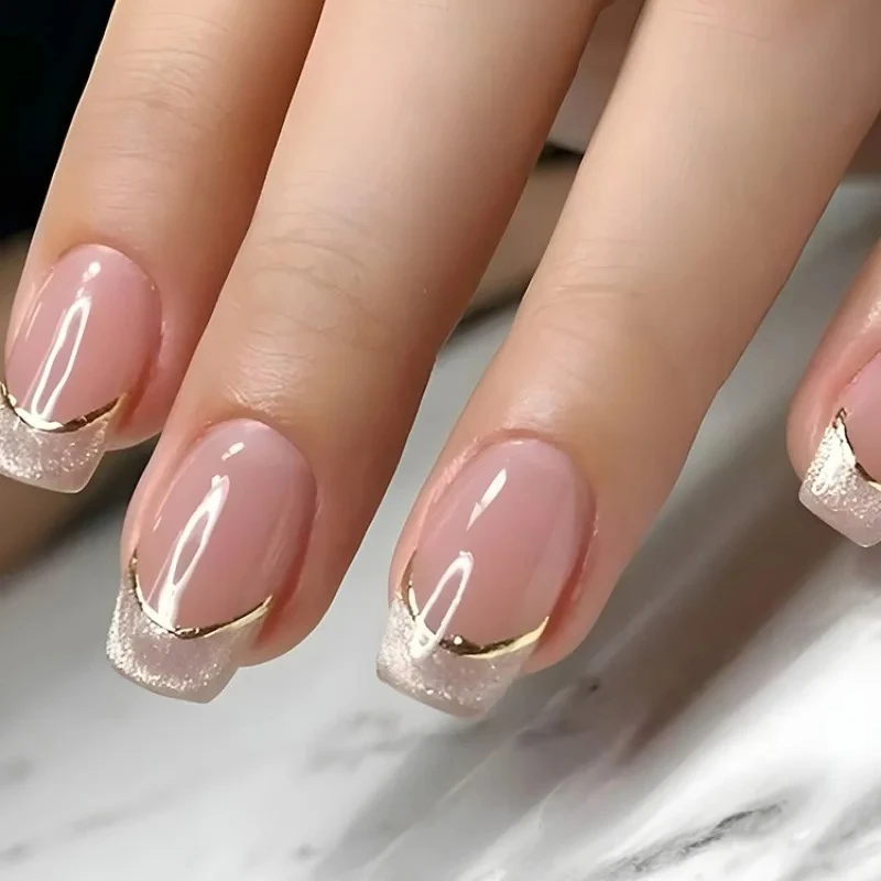 24 Uds uñas postizas cuadradas cortas con brillo brillante uñas postizas prensa francesa dorada en uñas punta de uñas acrílica degradada rosa desnuda