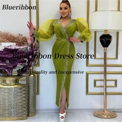 Blueribbon Handmade Beaded Luxury Prom Dresses with Sash Long Sleeves Evening Gowns Saudi Arabia Women Side Slit Formal Dress