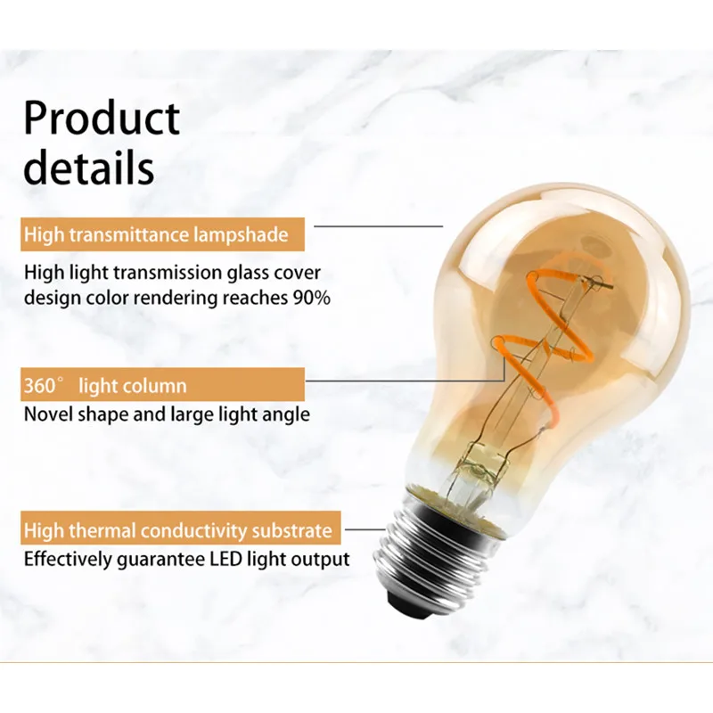 Imagem -03 - Lâmpada do Filamento do Diodo Emissor de Luz do Vintage Espiral Lâmpadas de Edison do Vidro Decorativo Regulável C35 A60 T45 St64 G80 G95 G125 4w 2200k 220v