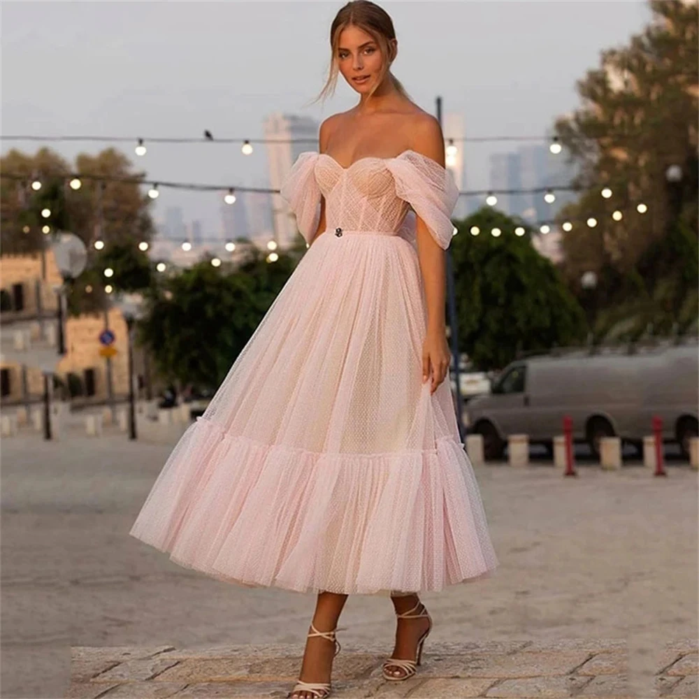 

OTHRAY New Sweetheart Off The Shoulder Net Prom Dress Fashion A-Line Tea Length Evening Dress Plus Size Party Dress