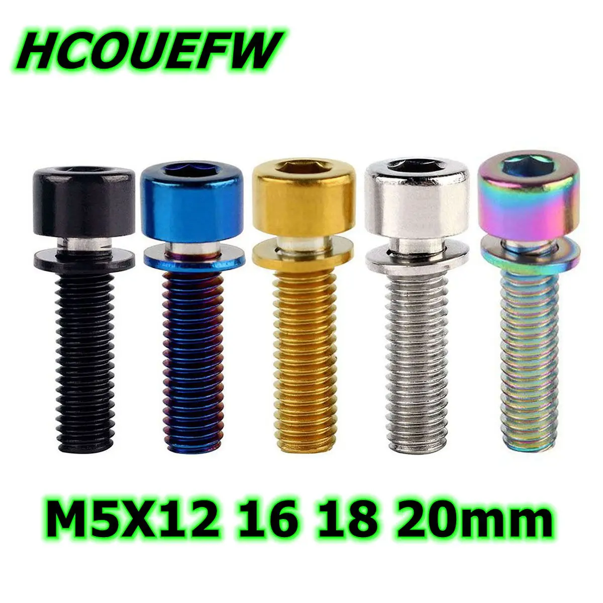 HCOUEFW 6Pcs Bike Bolt M5x12 16 18 20mm Socket Head Screw with Washer Titanium Finish Screw for Bicycle Stem Water Bottle Cage