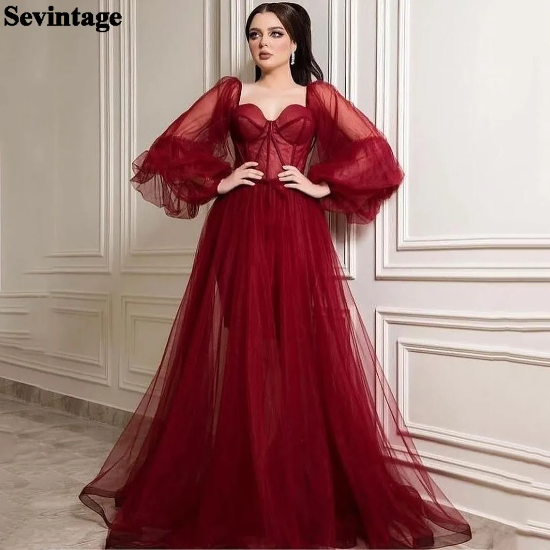 

Sevintage Burgundy Tulle Puff Long Sleeves Women's Prom Dresses Sweetheart Fitted Bones Formal Evening Gowns Party Outfits 2023