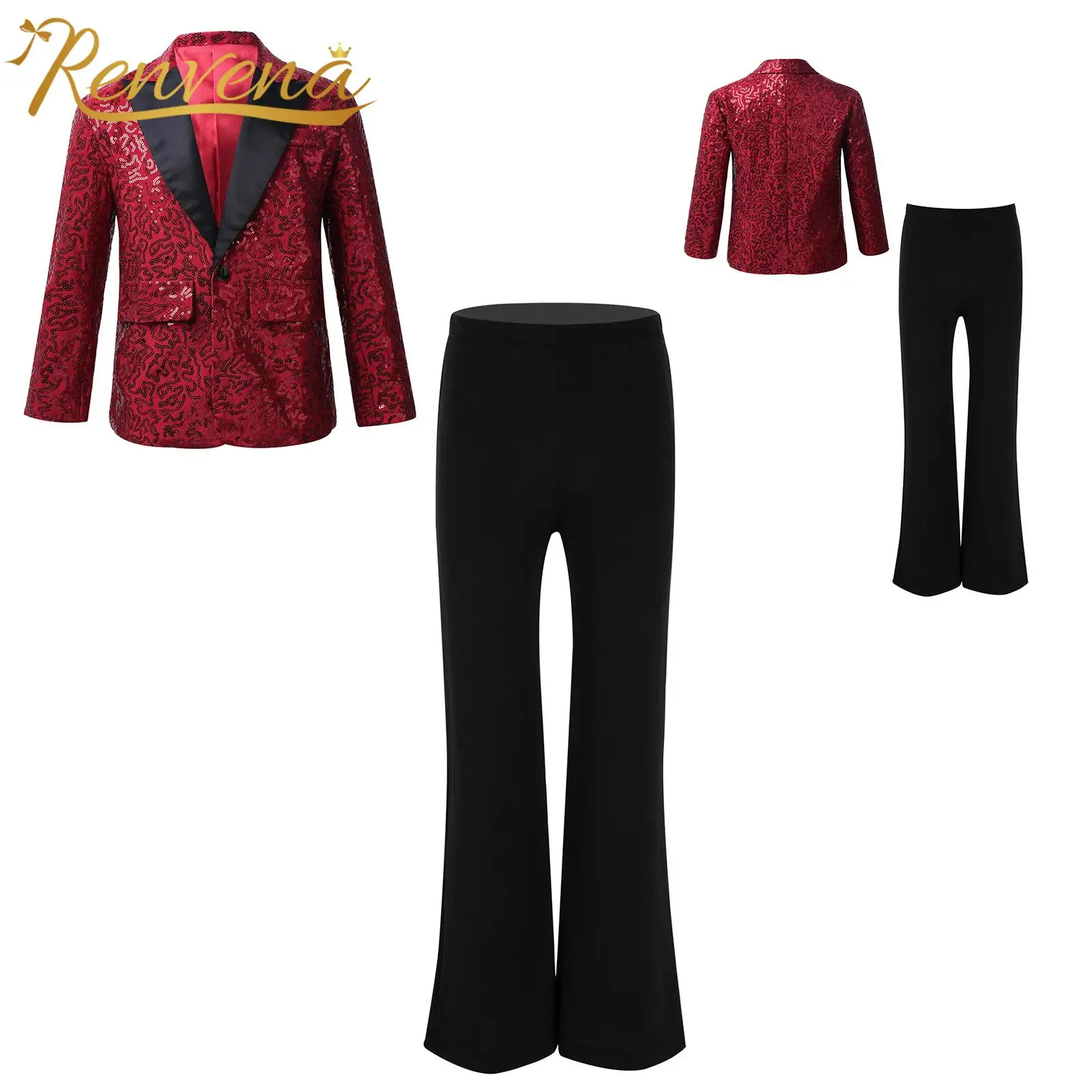 Kids Boys Suit Blazer with Pants Shiny Sequins Gentleman Outfit Children Flower Boy's Formal Costume for Jazz Dance Performance