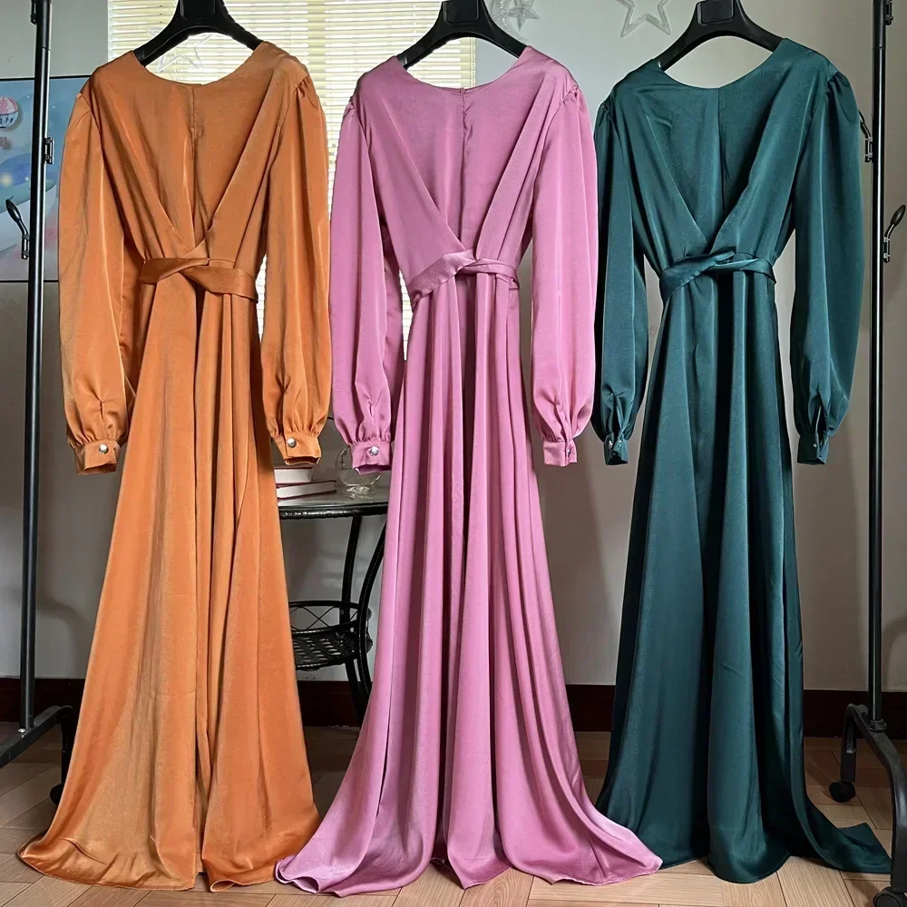 Satin Abaya Dubai Luxury Muslim Wrap Long Dress Eid Mubarak Abayas for Women African Dresses Turkey Islamic Kaftan Robe Ramadan