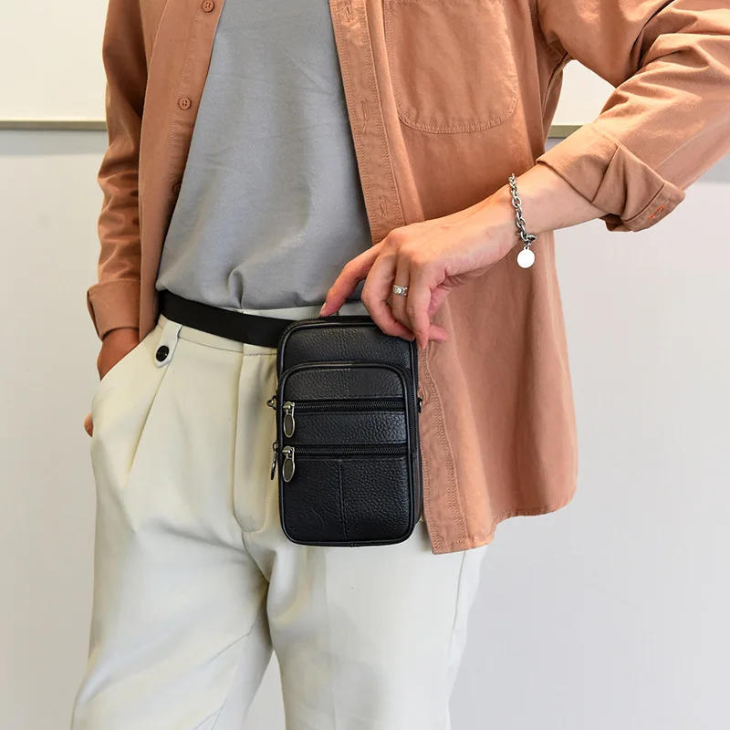 

Мужская поясная сумка из натуральной воловьей кожи для хранения мобильного телефона, многофункциональная повседневная мужская поясная сумка через плечо большой вместимости