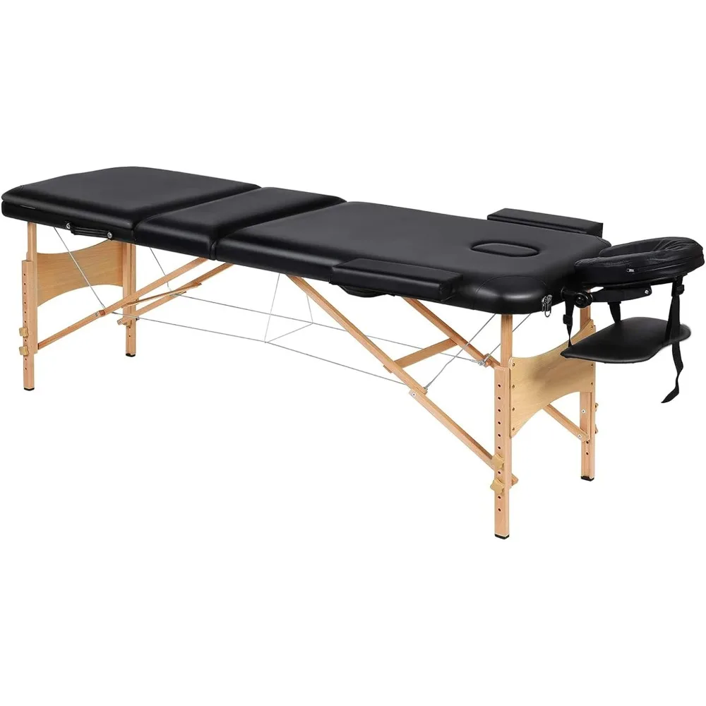 

Folding Massage Table Professional Portable Massage Bed with 3 Sections Wooden Ergonomic Headrest for Therapy Salon Spa Treat